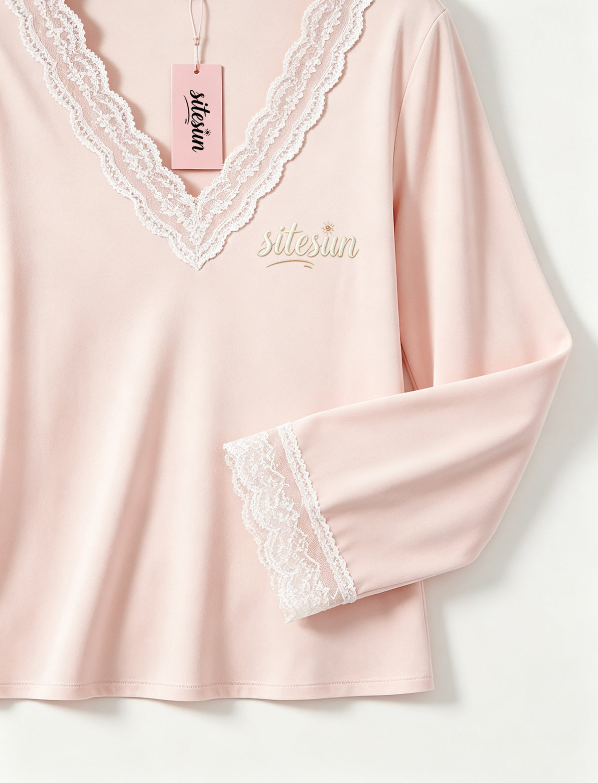sitesun Women's Long Sleeve Sleepwear Top, Soft Lace V-Neck Nightshirt with Embroidery, Lightweight Loungewear Top for Ladies