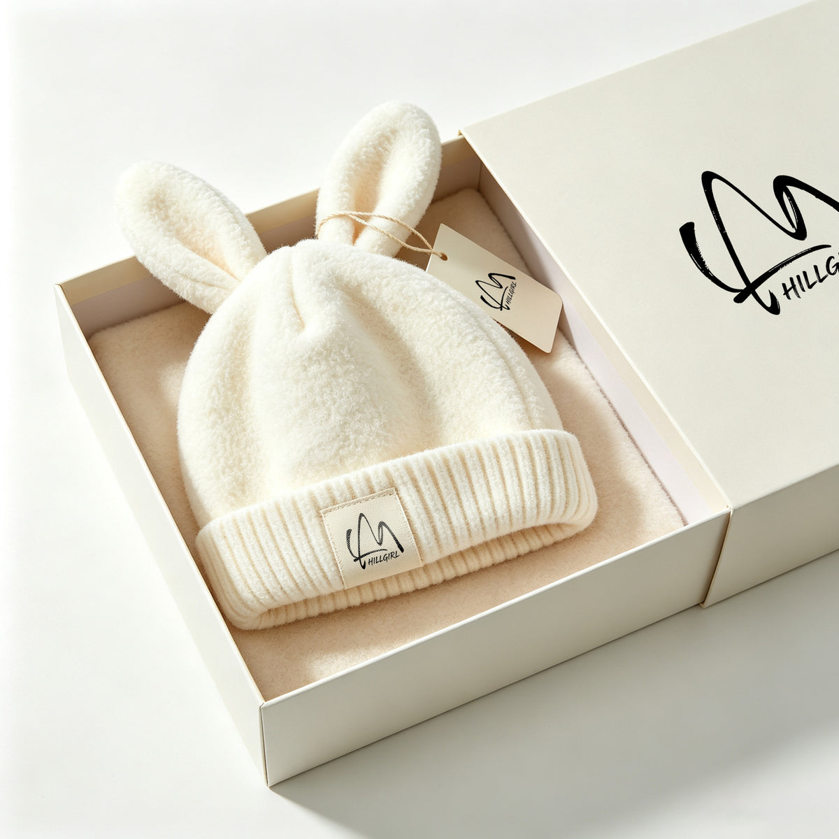 HILLGIRL Cute Bunny Ear Knit Beanie, Plush Warm Winter Hat, Soft Stretchy Skull Cap for Kids & Adults