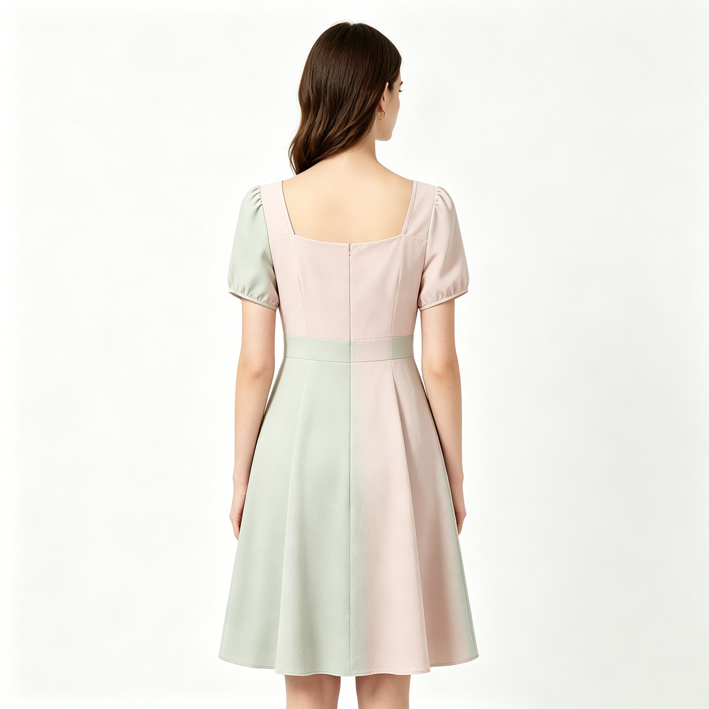 GiftMuse Square Neck Puff Sleeve Midi Dress Women Color Block A-Line Flowy Swing Casual Party Dress