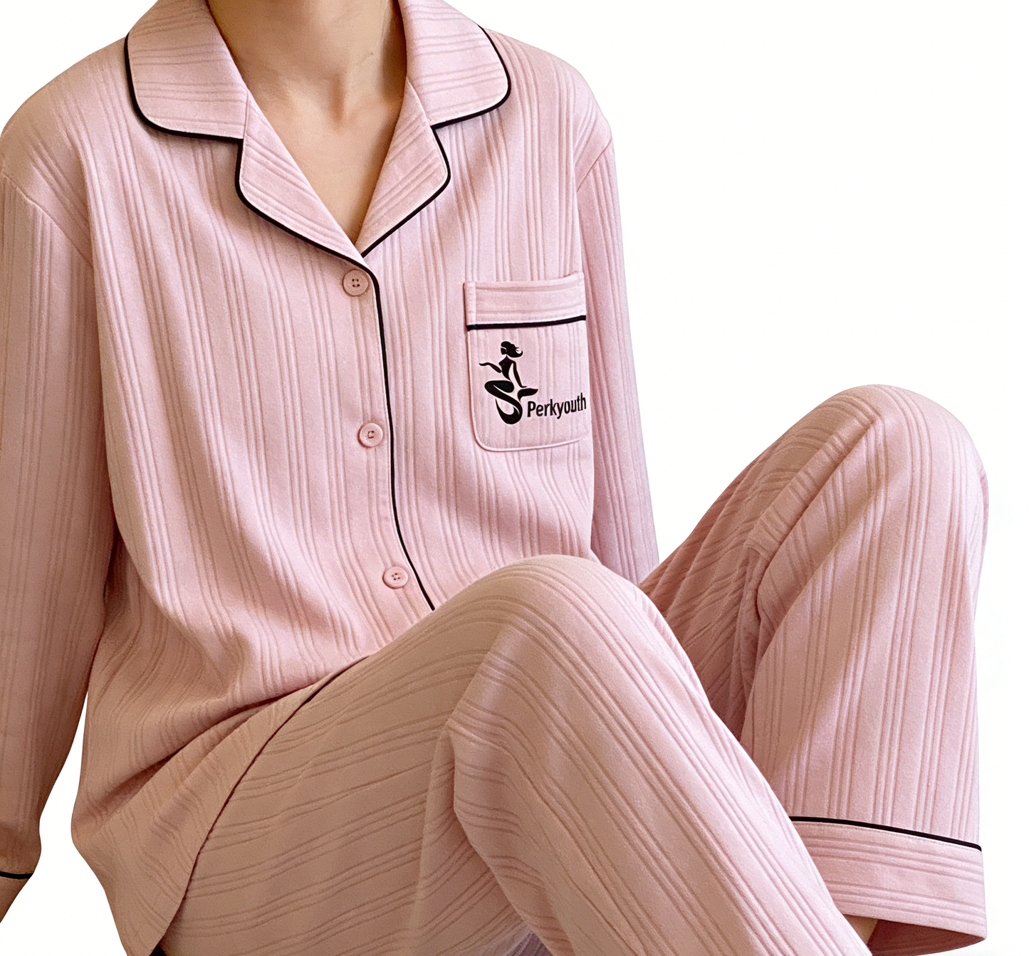 【Perkyouth Striped Button-Down Pajama Set】—— Elegant & Cozy Sleepwear for Relaxed Nights