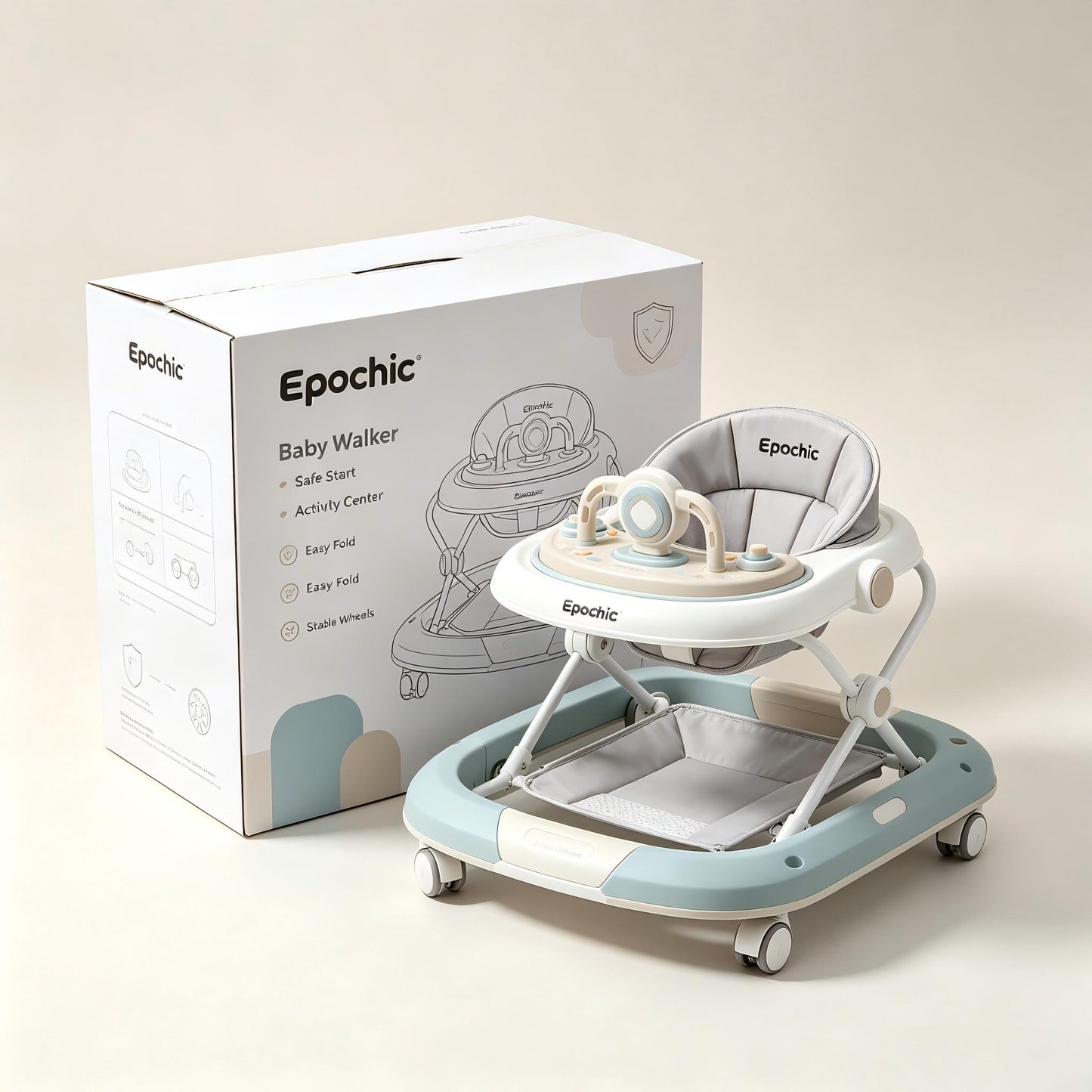 Epochic Foldable Anti-Rollover Baby Walker, Adjustable Height Baby Activity Walker with Music Play Tray, Non-Slip Base Comfort Padded Seat, Toddler Learning Walking Toy for Infants