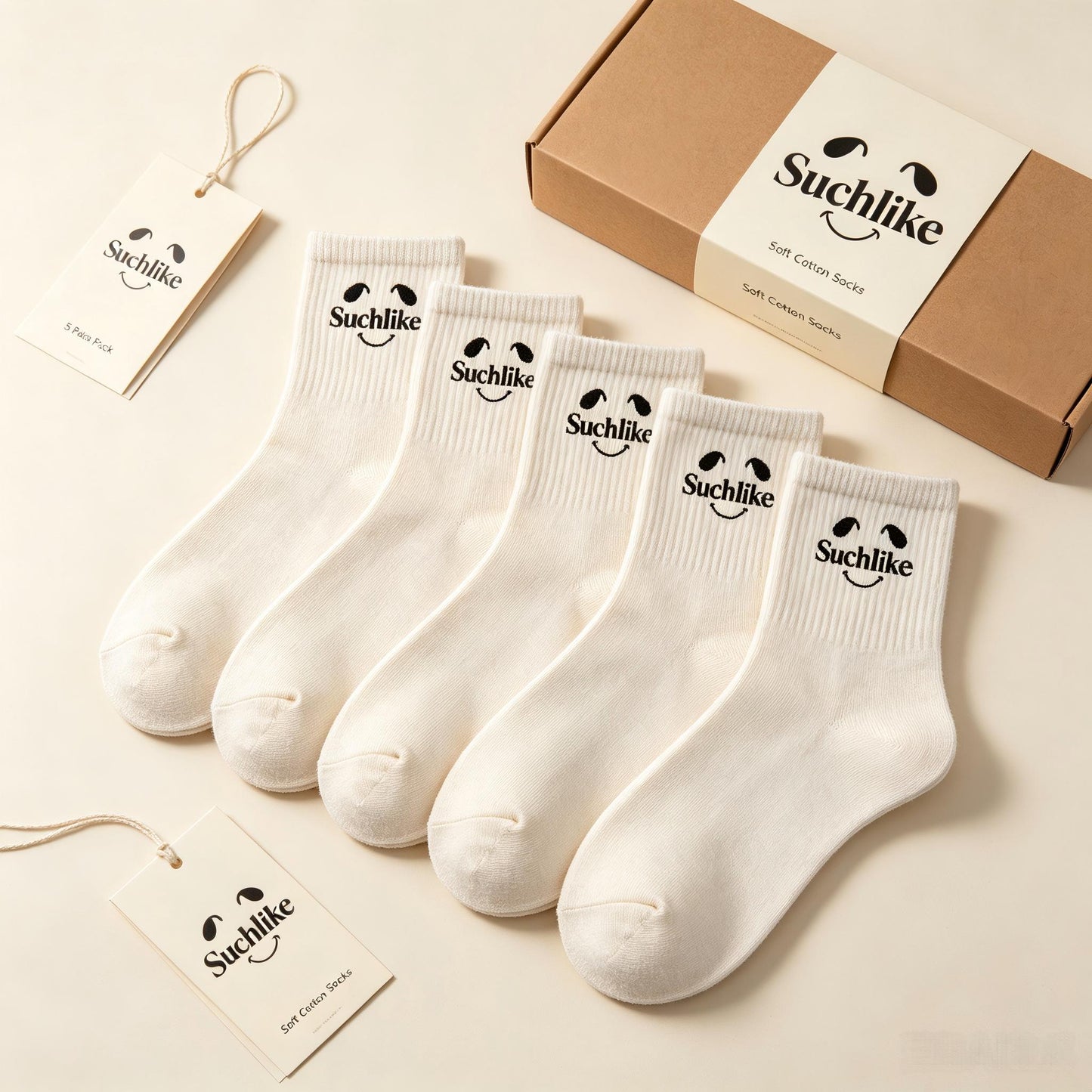 Suchlike Smile Logo Crew Socks, Soft Cotton Ribbed Casual Mid Calf Socks, Breathable Fashion Daily Dress Socks for Women Men, Gift Box Packed