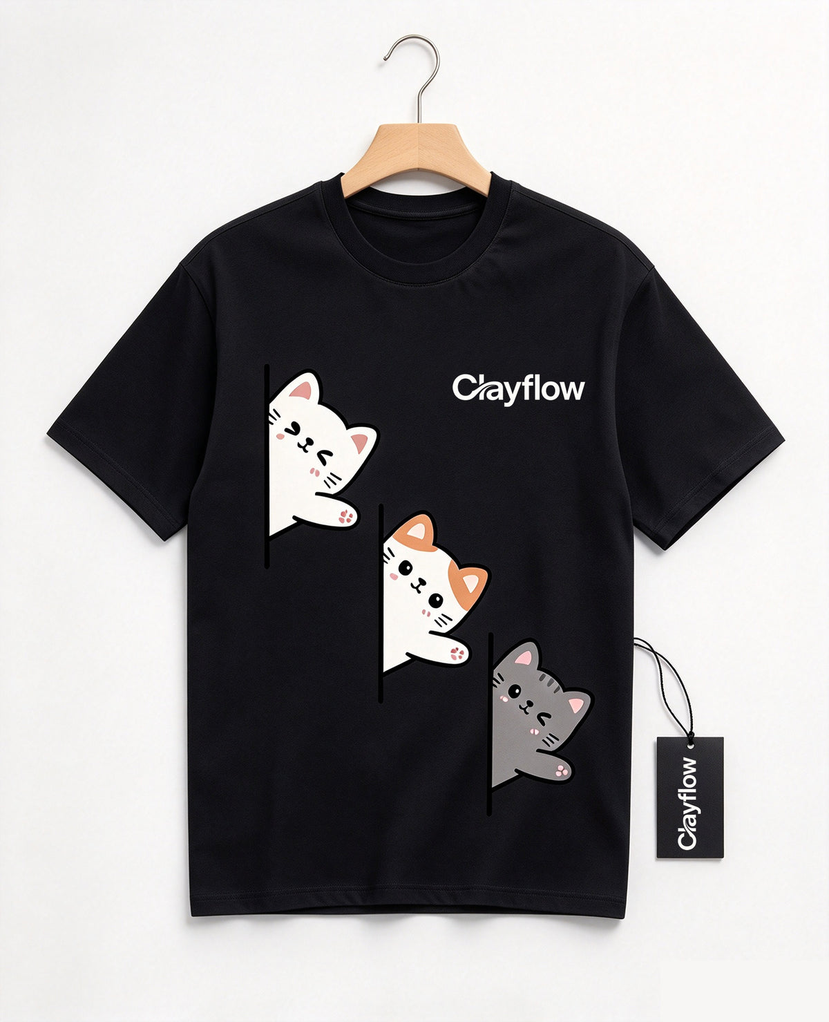 Clayflow Cute Peeking Cats Graphic T-Shirt, Casual Short Sleeve Crew Neck Tee, Funny Cartoon Kitten Print Shirt for Men Women