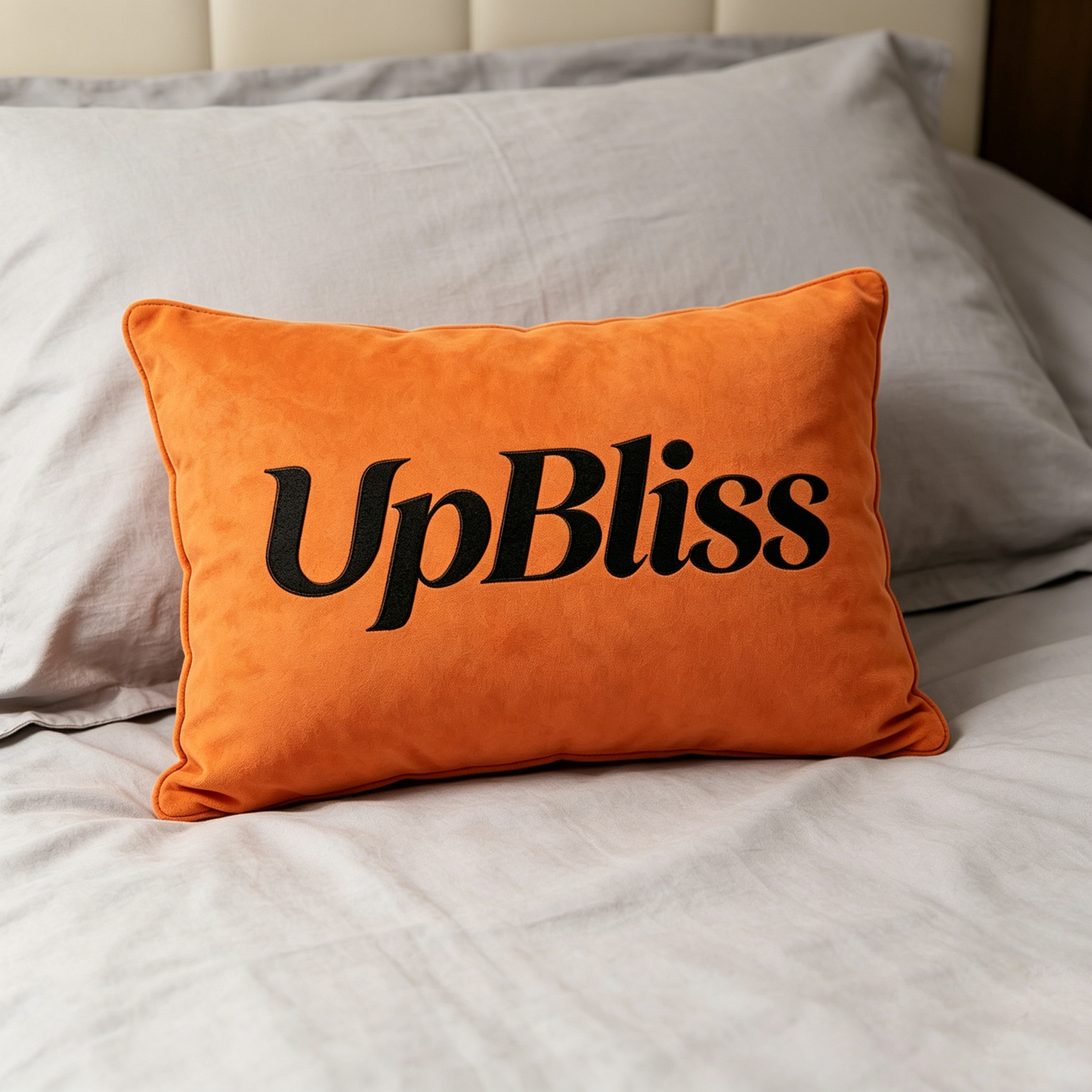 UpBliss Orange Velvet Throw Pillow with Black Embroidered Logo - Soft Decorative Cushion for Couch, Bed, Living Room & Bedroom