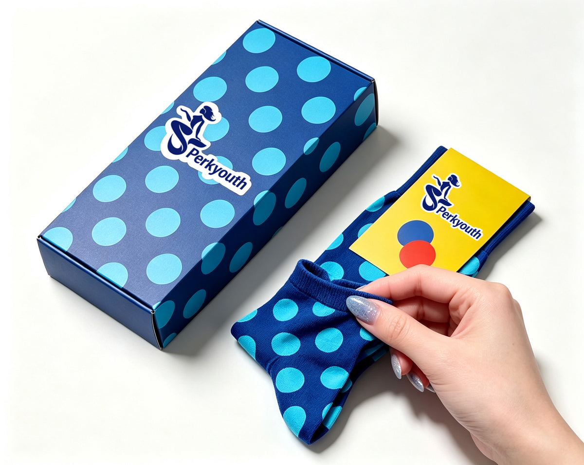 Perkyouth Polka Dot Crew Socks, Blue Base with Light Blue Dots Fashion Casual Cotton Socks, Gift Box Packed Trendy Socks for Men Women