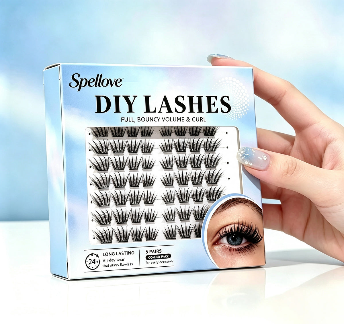Spellove DIY Segment False Eyelashes, Individual Cluster False Eyelashes, 5 Pairs Combo Pack, Fluffy Volume Wispy Lashes, Reusable DIY False Eyelashes for Home Use