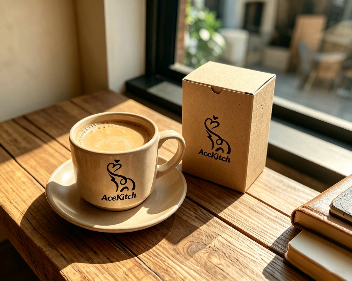 AceKitch Ceramic Coffee Mug with Saucer Set, Speckled Beige Espresso Cup, Stylish Latte Tea Cup for Home Kitchen Office, Ideal Gift for Coffee Lovers