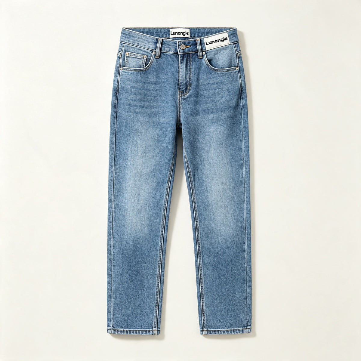Lunangle Men Classic Straight Leg Jeans, Light Wash Mid Rise Denim Pants Casual Regular Fit Ankle Length Denim Trousers