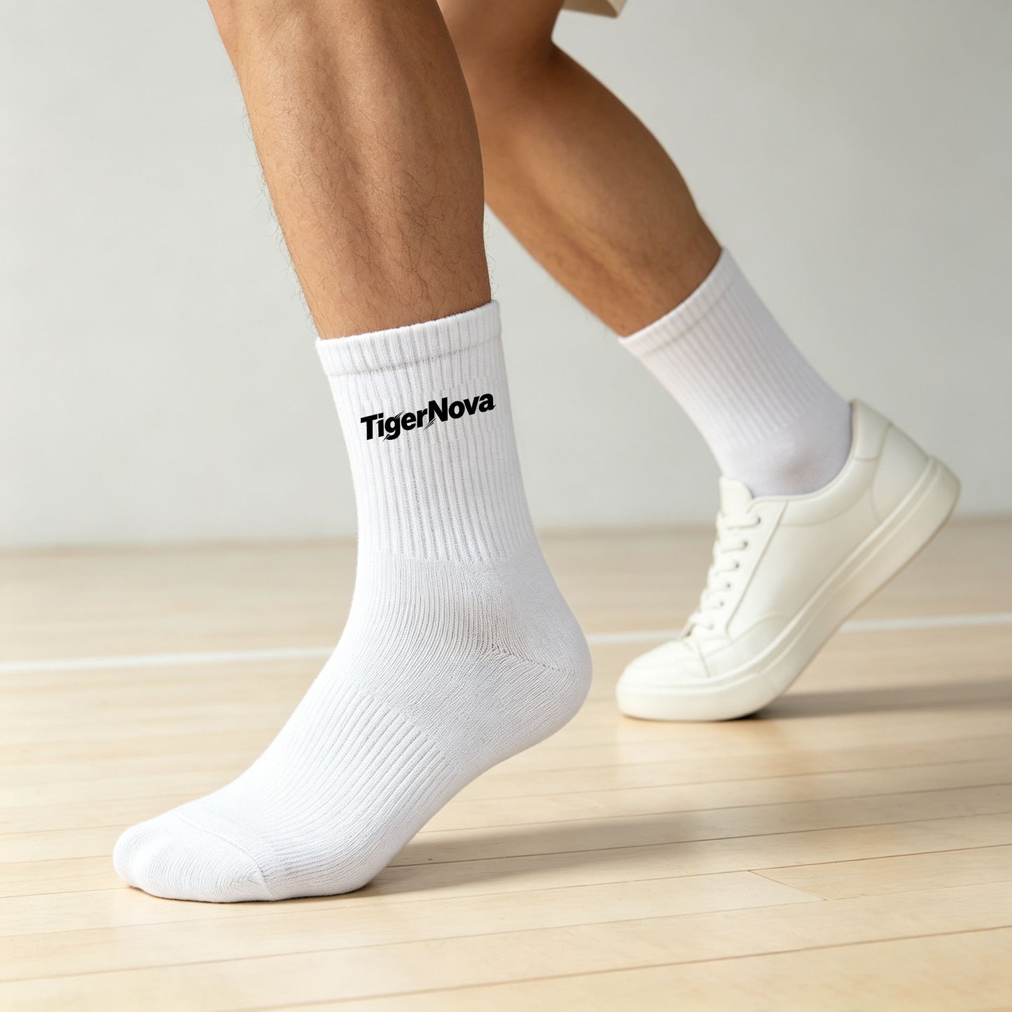 TigerNova Men White Crew Socks 4 Pairs, Ribbed Breathable Mid Calf Athletic Socks, Soft Cushioned Everyday Casual Walking Sports Socks