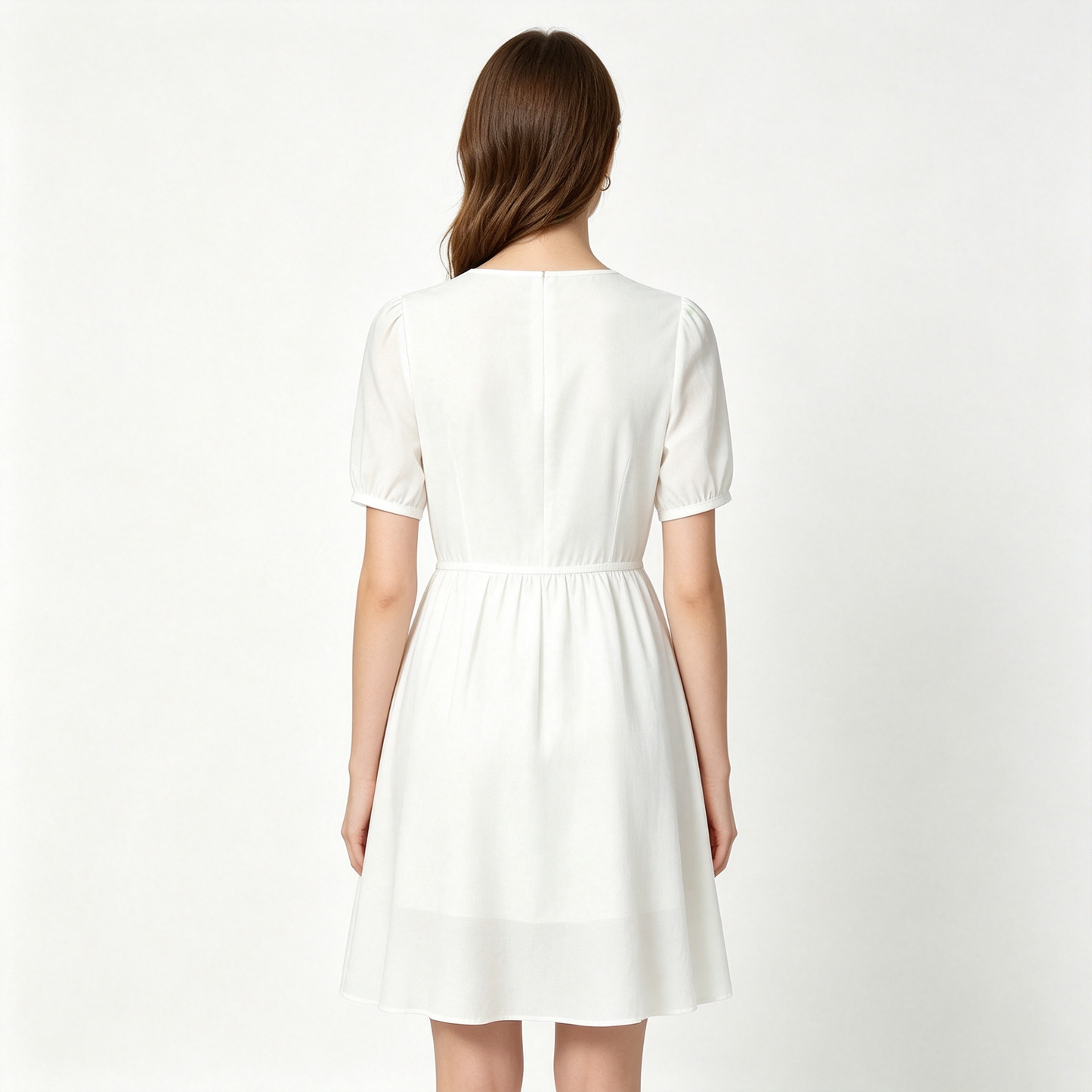 Beauhope Women Short Puff Sleeve A-Line Mini Dress, Round Neck Elastic Waist Casual Flowy White Sundress Daily Vacation Party Dress