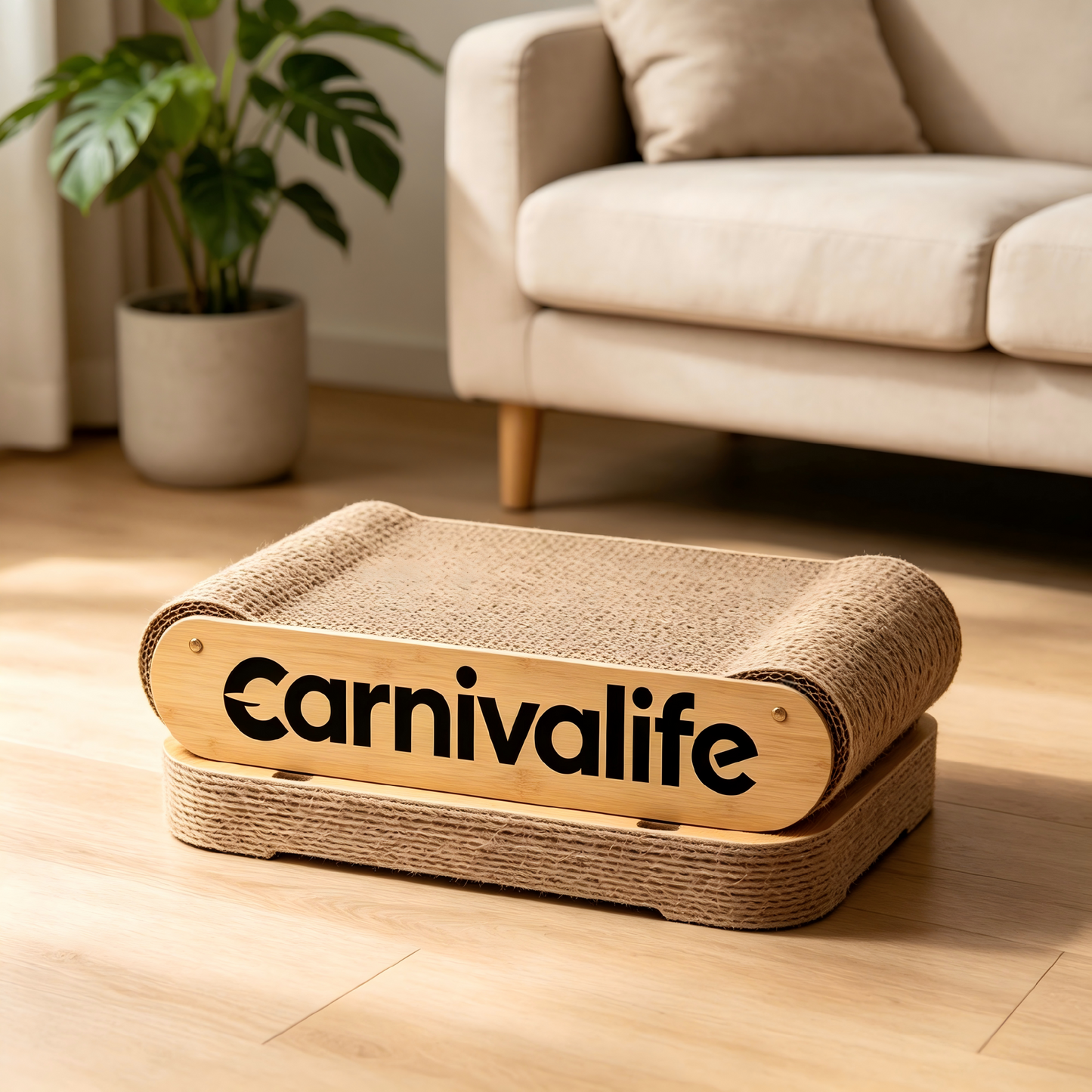 Carnivalife Cat Scratching Pad, Durable Corrugated Cardboard Cat Scratcher with Bamboo Frame, 2-in-1 Scratcher & Lounge Bed for Indoor Cats, Protect Furniture & Satisfy Natural Scratching Instincts