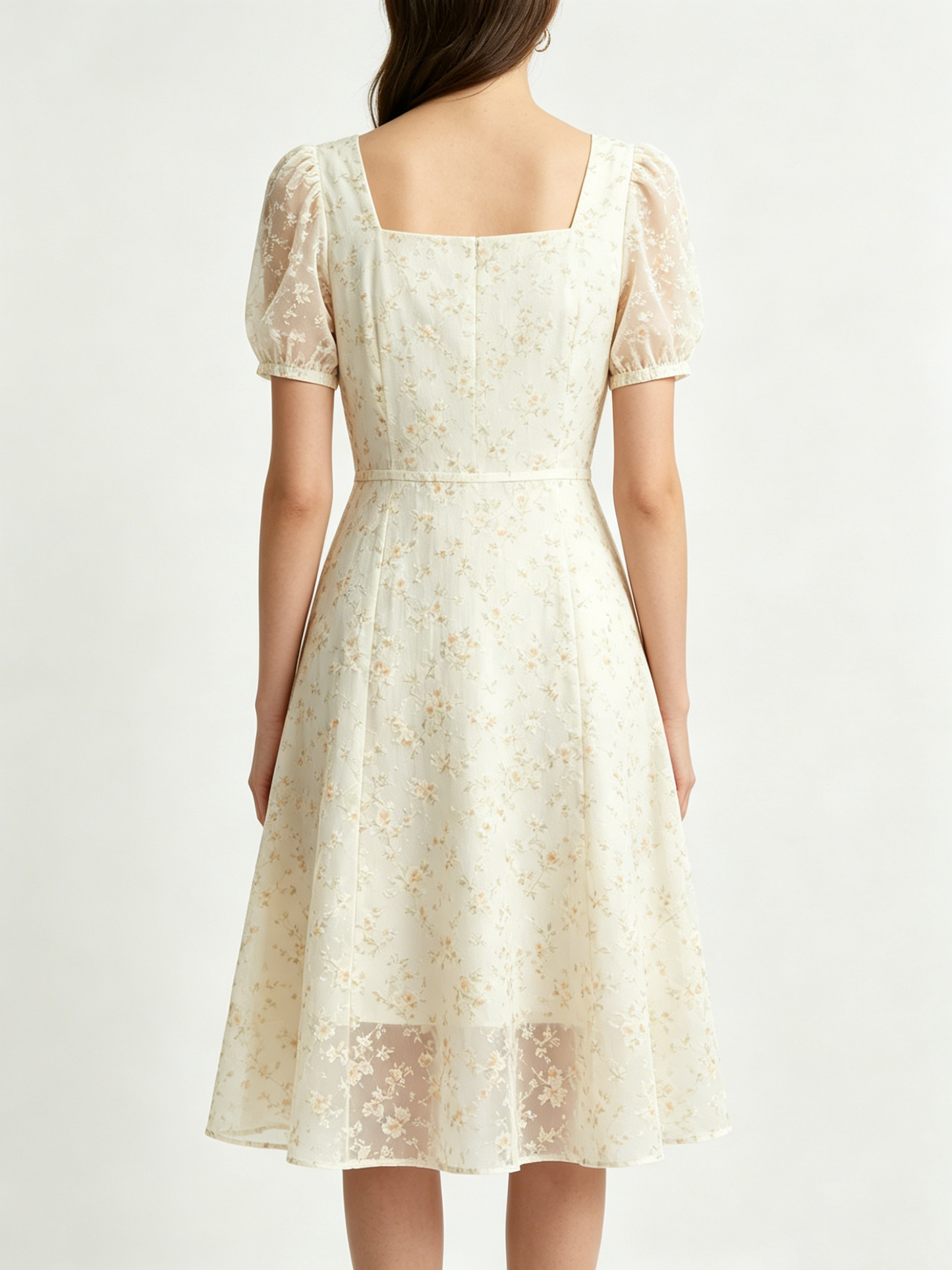 Uvary Square Neck Midi Floral Dress for Women Puff Short Sleeve Chiffon A Line Flowy Casual Wedding Guest Dresses