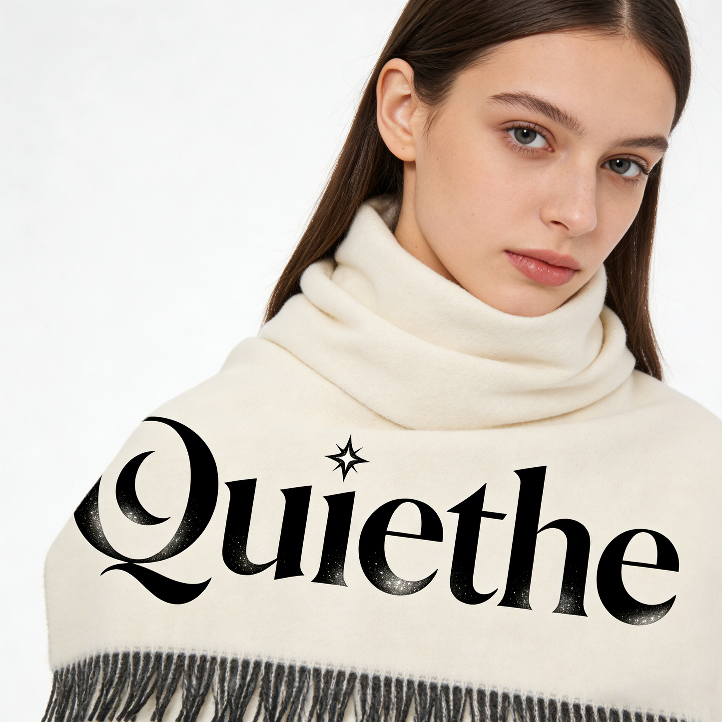 【Quiethe Gothic Lettering Fringed Scarf】—— Timeless Elegance & Cozy Warmth