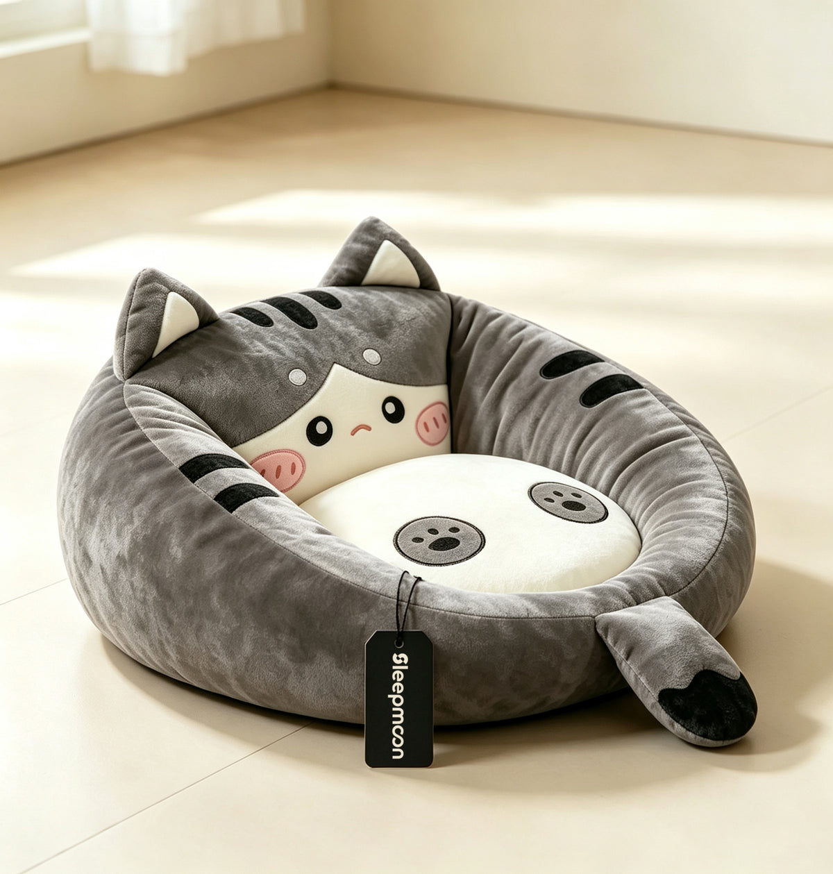Sleepmoon Cute Cat Shaped Pet Cushions, Soft Plush Round Dog Cat Bed, Raised Rim Calming Pet Bed Cushion for Small Cats Dogs, Cozy Warm Sleeping Pet Mat