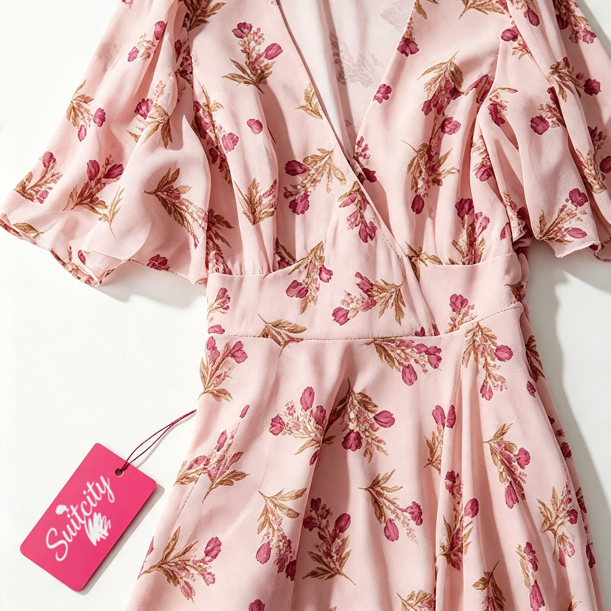 Suitcity Women Pink Floral Maxi Dress, V Neck Short Flutter Sleeve Wrap Waist Long Dress, Elegant Boho Casual Party Wedding Guest Midi Maxi Dress