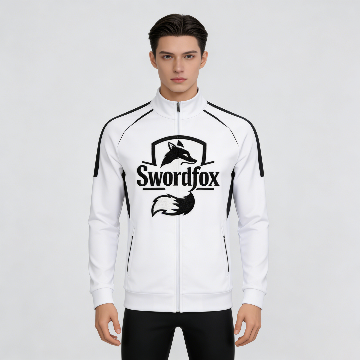 Swordfox Men's Fox Embroidered Track Jacket, Full-Zip Stand Collar Athletic Sweatshirt, Colorblock Sportswear for Gym & Running