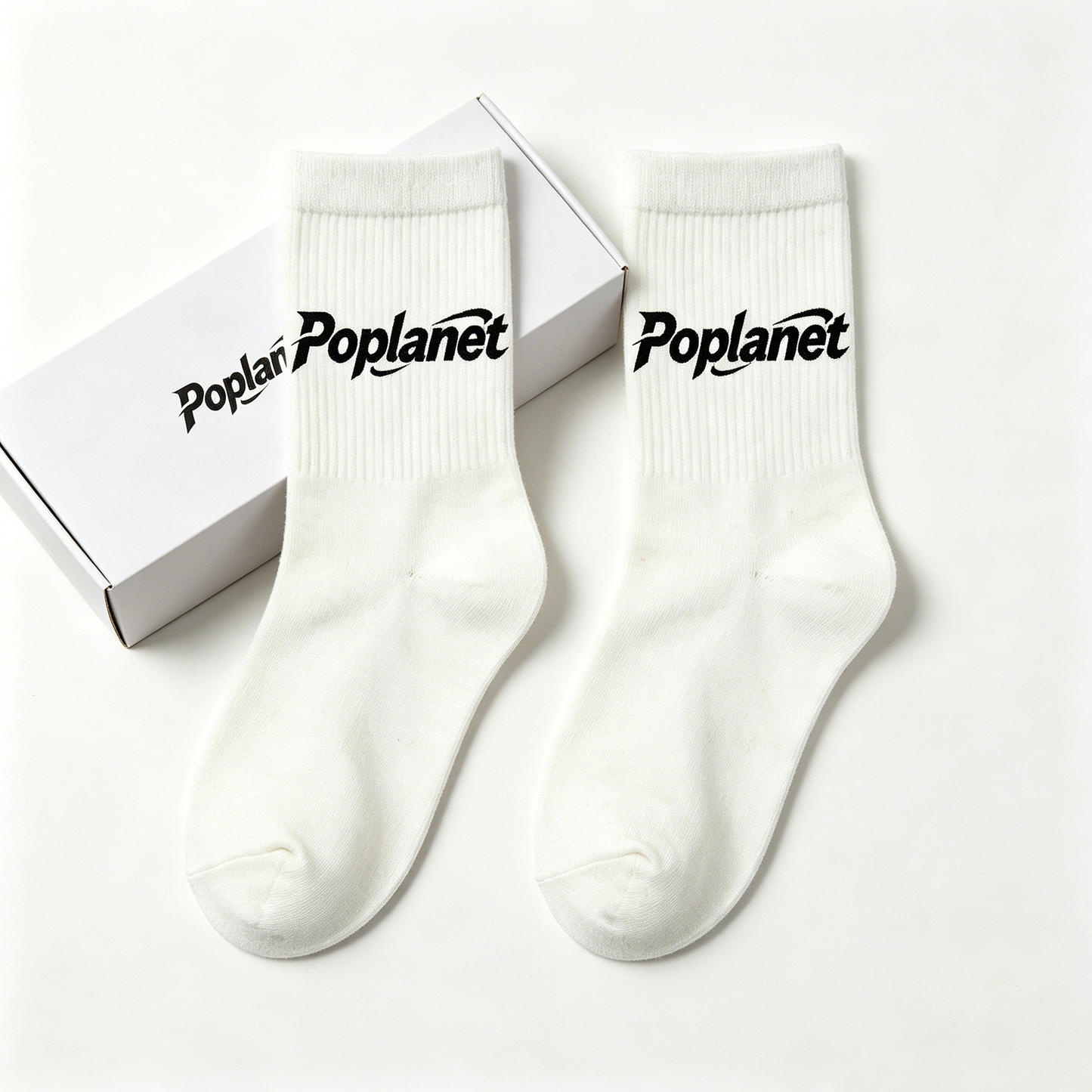 Poplanet Ribbed Crew Socks 5 Pairs Pack, Classic White Mid Calf Athletic Casual Socks, Breathable Soft Cotton Everyday Streetwear Socks for Men & Women
