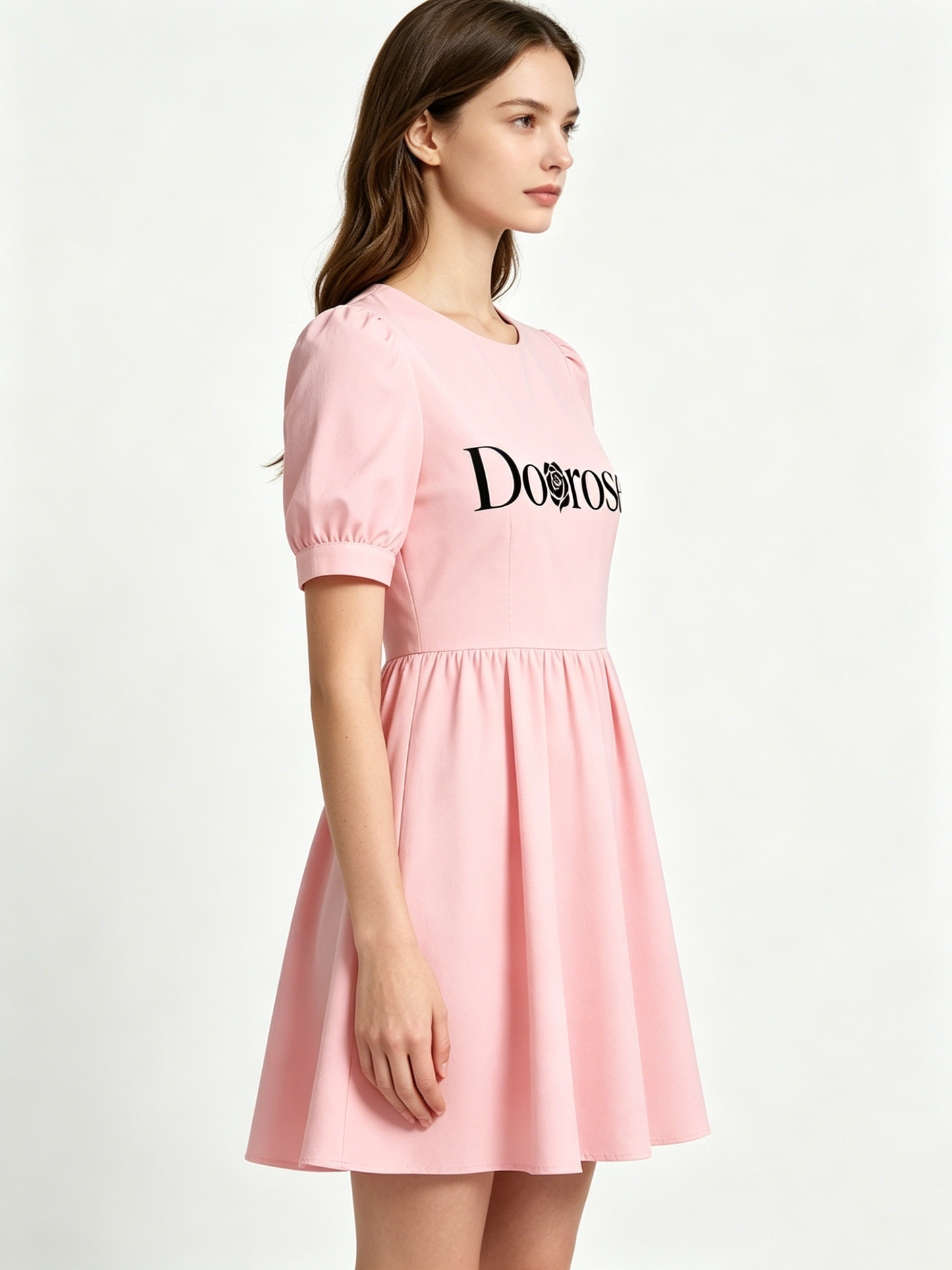 【Doorose Pink Puff-Sleeve Dress】—— Elegant & Versatile Daily Wear