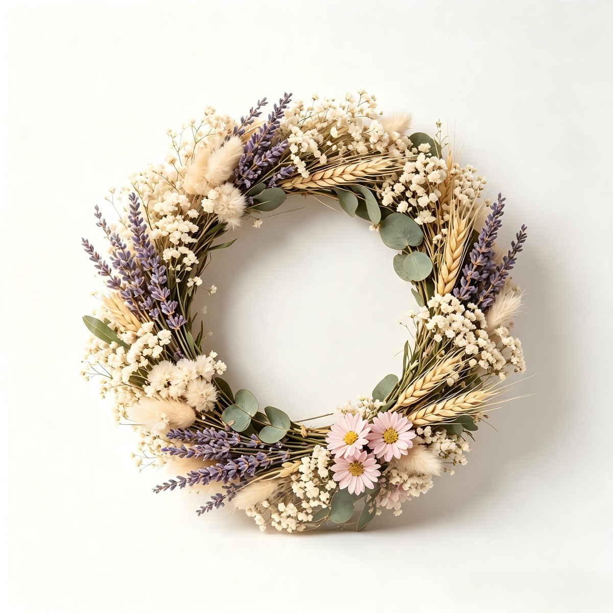 Deepet Dried Flower Wreath, Natural Lavender & Baby's Breath Front Door Wreath, Rustic Farmhouse Wall Hanging Decor for Home Window Wedding