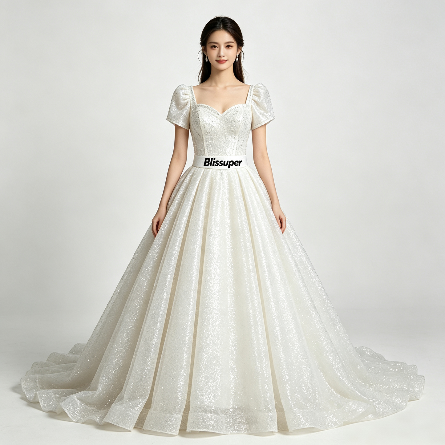 Blissuper Sparkling Ball Gown Wedding Dress Puff Short Sleeve Sweetheart Neck Glitter Tulle Train Formal Evening Gown for Wedding Prom