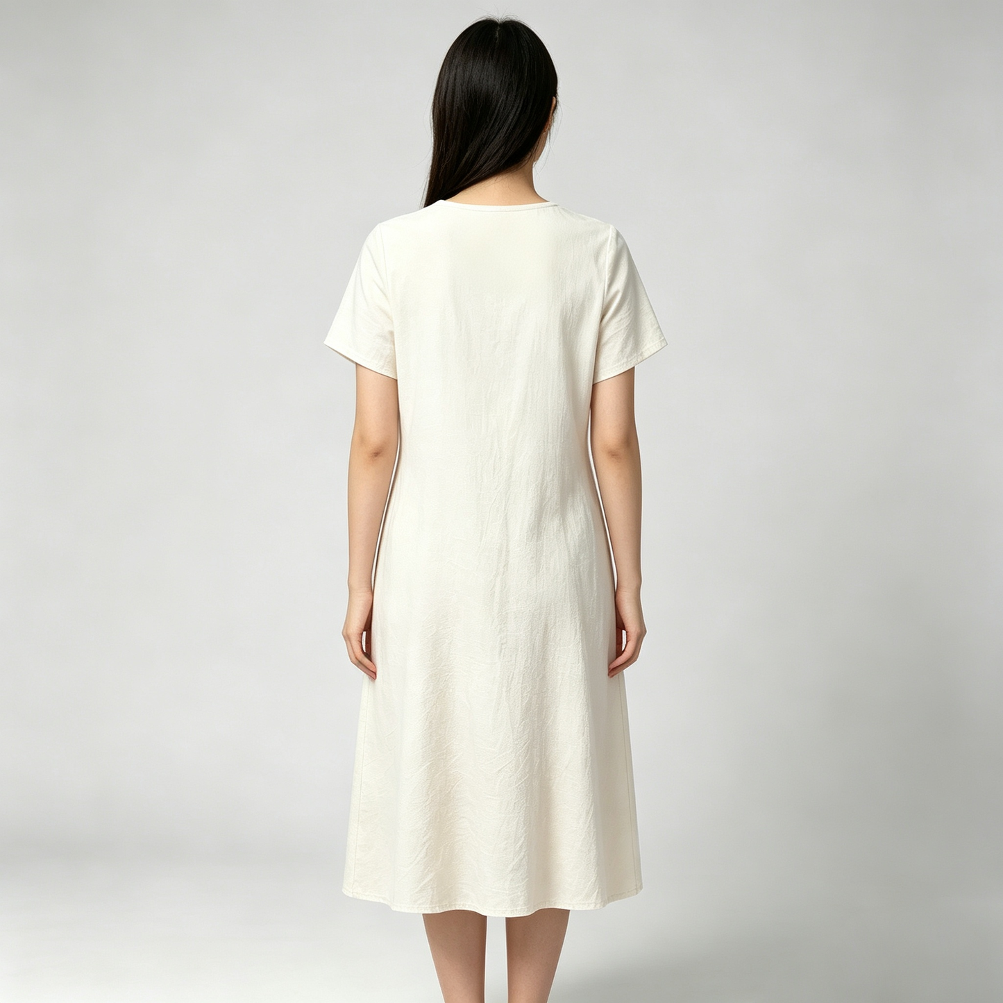 Alldream Women’s Crew Neck Short Sleeve Midi Dress, Loose Flowy Linen Blend Casual Dress, Soft Wrinkle Resistant Cream Mid Length Dress for Daily Beach Vacation Outfit