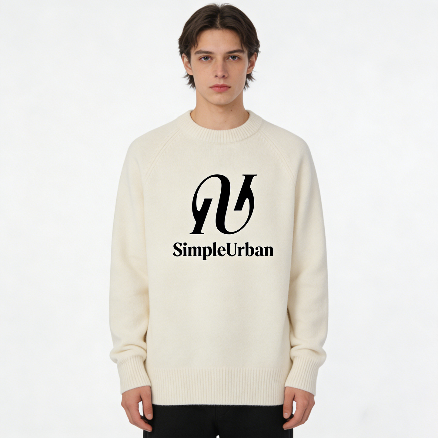 SimpleUrban Crewneck Sweater, Soft Cozy Knit Pullover, Minimalist Logo Casual Sweatshirt, Warm Daily Wear for Fall Winter, Relaxed Fit