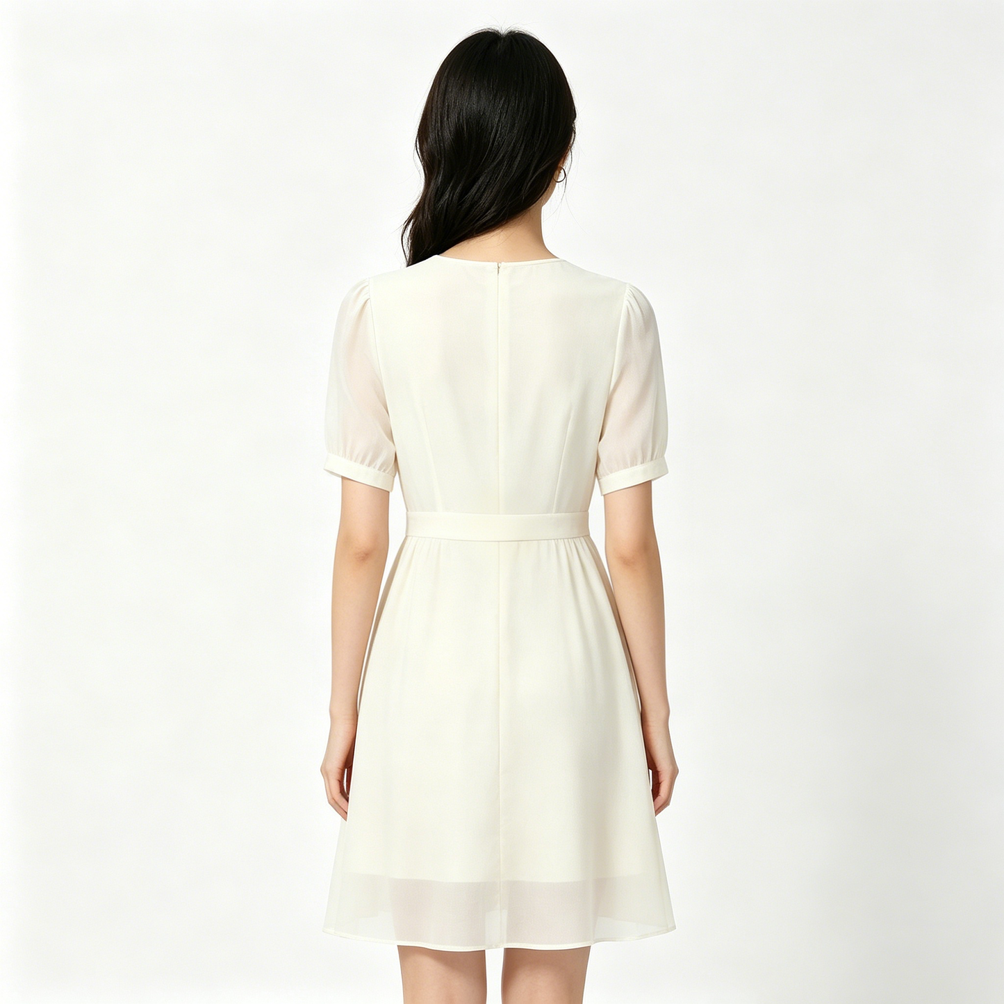 Totalove Women’s Cream Round Neck Puff Short Sleeve Mini Dress, Waist Cinched Flowy Chiffon A Line Dress, Elegant Casual Summer Swing Dress for Dating Office Wedding Guest