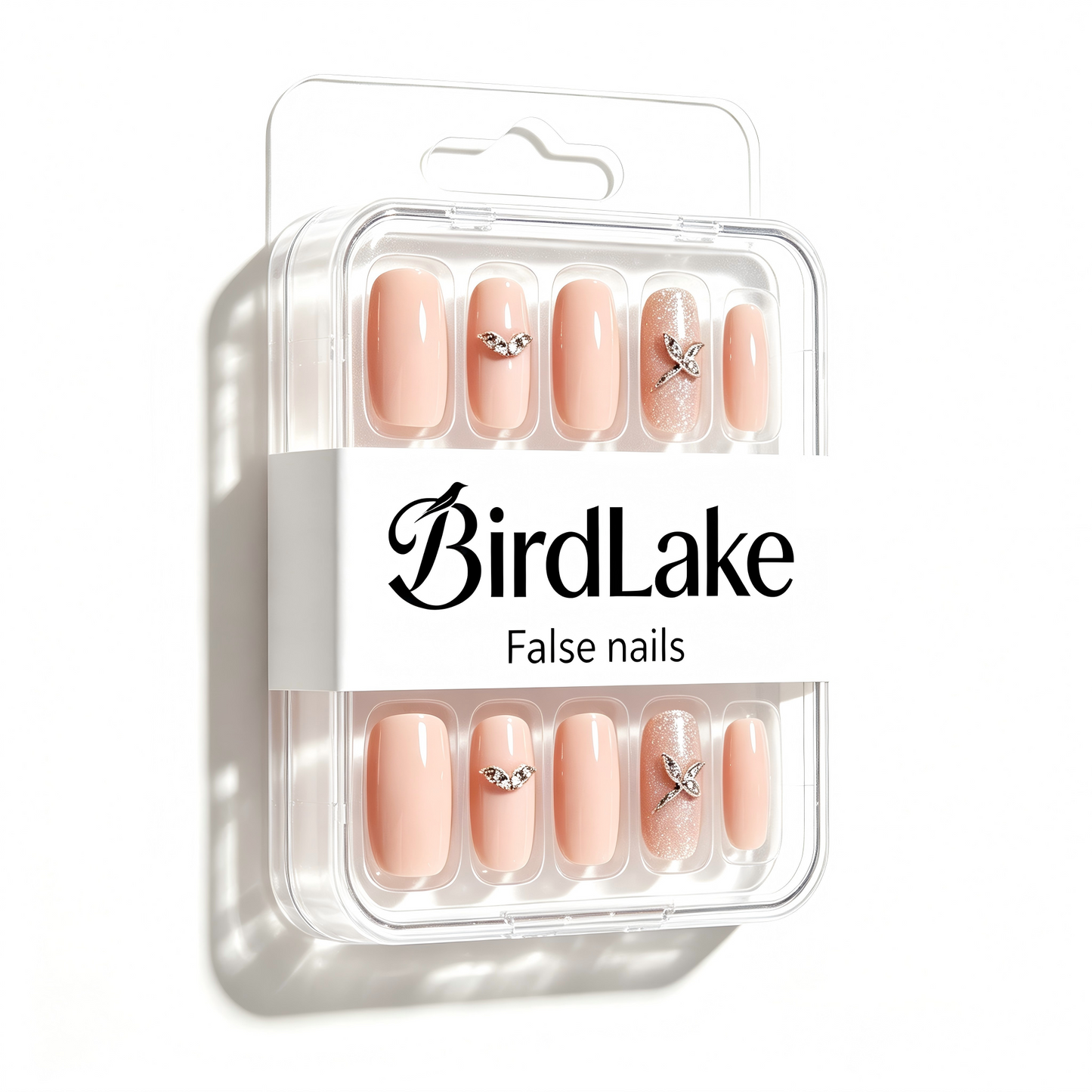 BirdLake Nude Butterfly Rhinestone False Nails, Medium Coffin Press On Nails, Glossy Glitter Fake Nails for Daily Party Wedding DIY Manicure