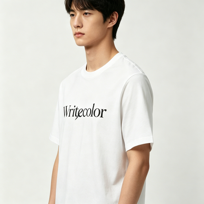Writecolor Men's Classic Crew Neck Cotton Graphic T-Shirt, Minimal Elegant Letter Short Sleeve Tee, Soft Breathable White Basic Casual Top