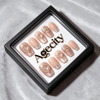 Agecity Luxury Press-On Nails, Nude Pink Gradient French False Nails with Rhinestones, Reusable Medium-Length Fake Nails, Elegant Bridal & Party Nail Art Kit