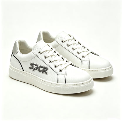 SPCR Men's Classic White Sneakers, Thick Sole Heightening Casual White Shoes, Leather Wear-resistant Low-top Lace-up Daily Commute Skate Shoes