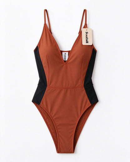 Southhill Women One Piece Swimsuit, V Neck Color Block Bathing Suit, Adjustable Spaghetti Straps Tummy Control Swimwear for Beach Pool