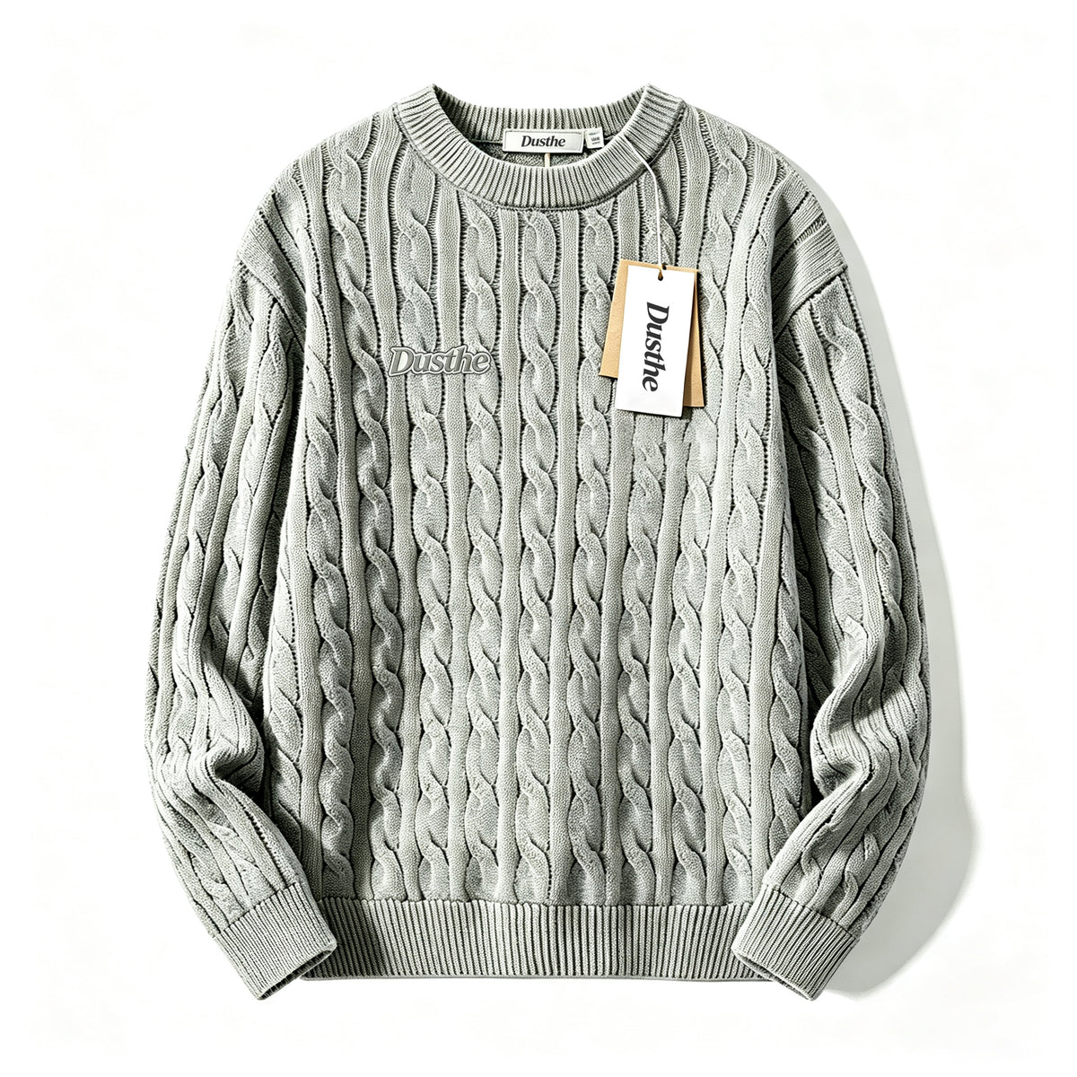 Dusthe Men's Crew Neck Cable Knit Sweater, Vintage Thick Pullover, Loose Fit Long Sleeve Warm Top for Fall Winter