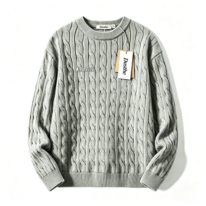 Dusthe Men's Crew Neck Cable Knit Sweater, Vintage Thick Pullover, Loose Fit Long Sleeve Warm Top for Fall Winter
