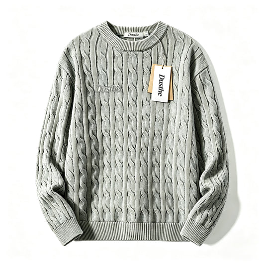 Dusthe Men's Crew Neck Cable Knit Sweater, Vintage Thick Pullover, Loose Fit Long Sleeve Warm Top for Fall Winter