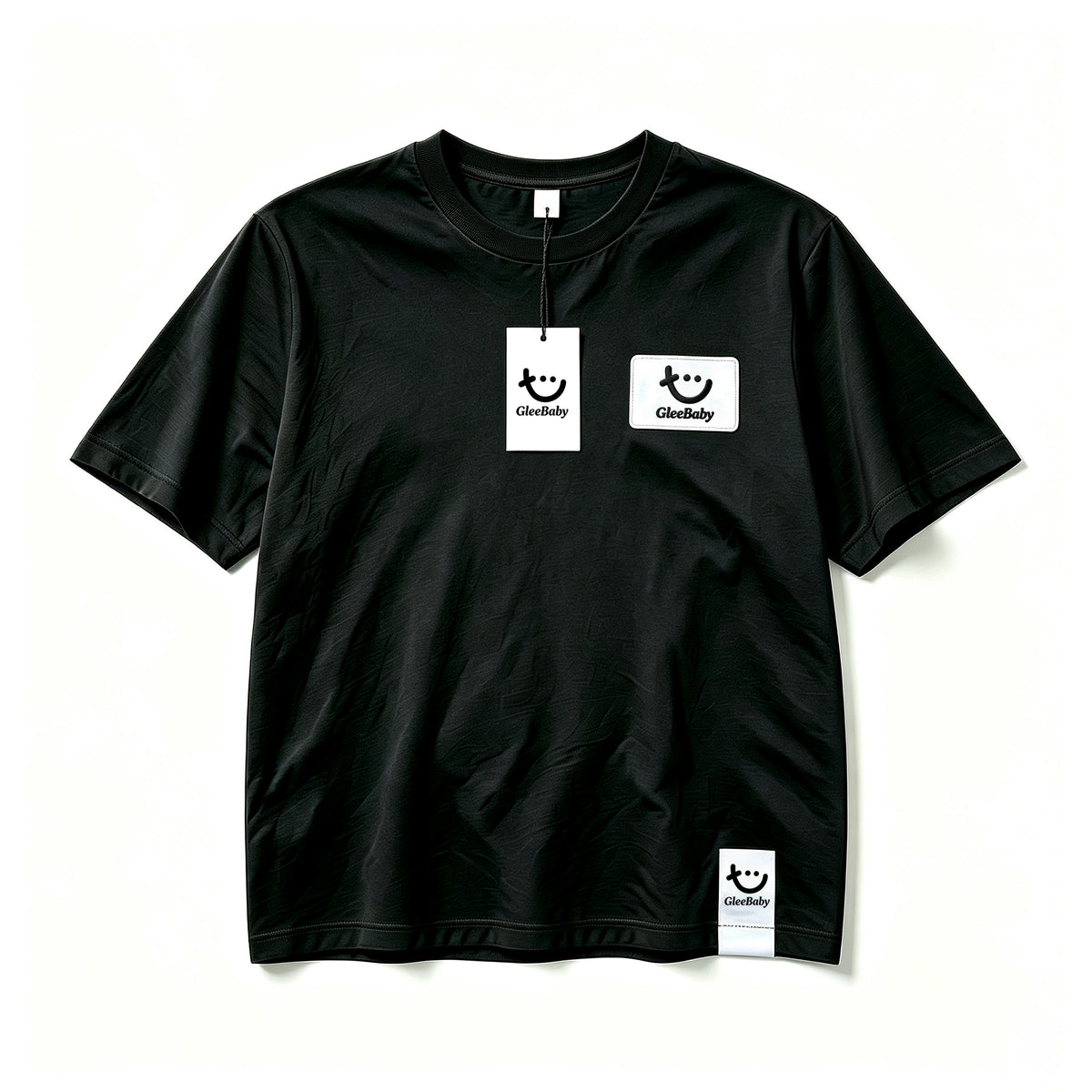 GleeBaby Smile Patch Short Sleeve T-Shirt, Unisex Crew Neck Casual Tee, Soft Breathable Basic Black Top