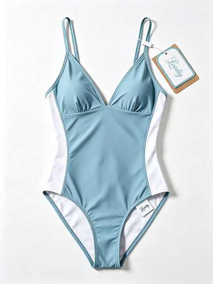 Loadiy Women One-Piece Swimsuit, V-Neck Spaghetti Strap Color Block Bathing Suit, Slim Fit Beach Swimwear for Ladies