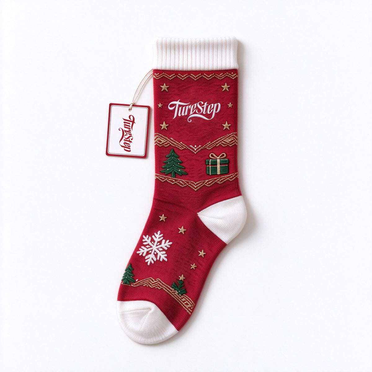 TurStep Christmas Crew Socks for Women, Festive Red Holiday Socks with Embroidery Snowflake Christmas Tree Gift Box, Soft Cotton Winter Novelty Xmas Socks