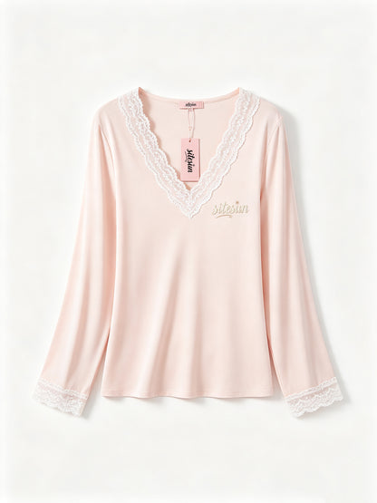 sitesun Women's Long Sleeve Sleepwear Top, Soft Lace V-Neck Nightshirt with Embroidery, Lightweight Loungewear Top for Ladies