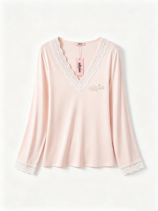 sitesun Women's Long Sleeve Sleepwear Top, Soft Lace V-Neck Nightshirt with Embroidery, Lightweight Loungewear Top for Ladies