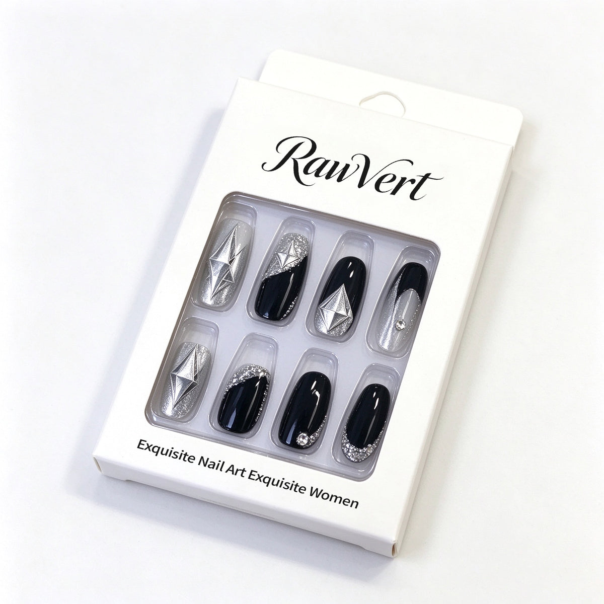 RawVert False Nails, Medium Coffin Fake Nails, Black Silver Glitter False Nails with 3D Silver Star Diamond Charms, Reusable Stick On False Nails for Women Nail Art