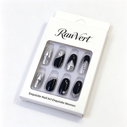 RawVert False Nails, Medium Coffin Fake Nails, Black Silver Glitter False Nails with 3D Silver Star Diamond Charms, Reusable Stick On False Nails for Women Nail Art