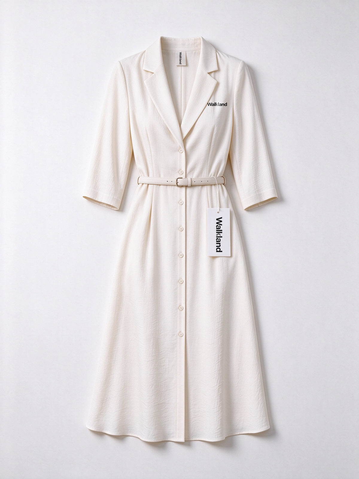 Walkland Women's Lapel Midi Dress, 3/4 Sleeve Button Front Shirt Dress with Belt, Elegant Work Office Flowy Long Dress