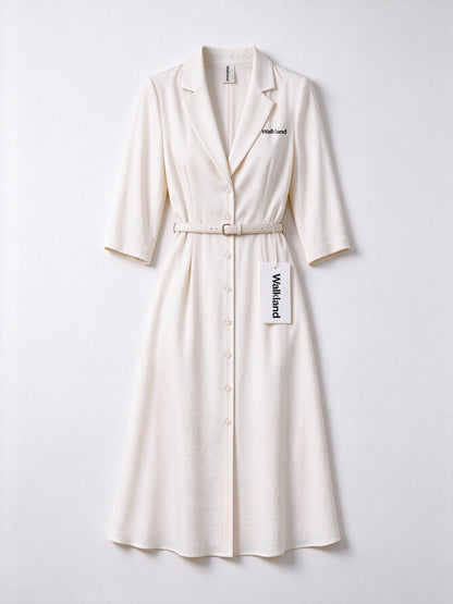 Walkland Women's Lapel Midi Dress, 3/4 Sleeve Button Front Shirt Dress with Belt, Elegant Work Office Flowy Long Dress