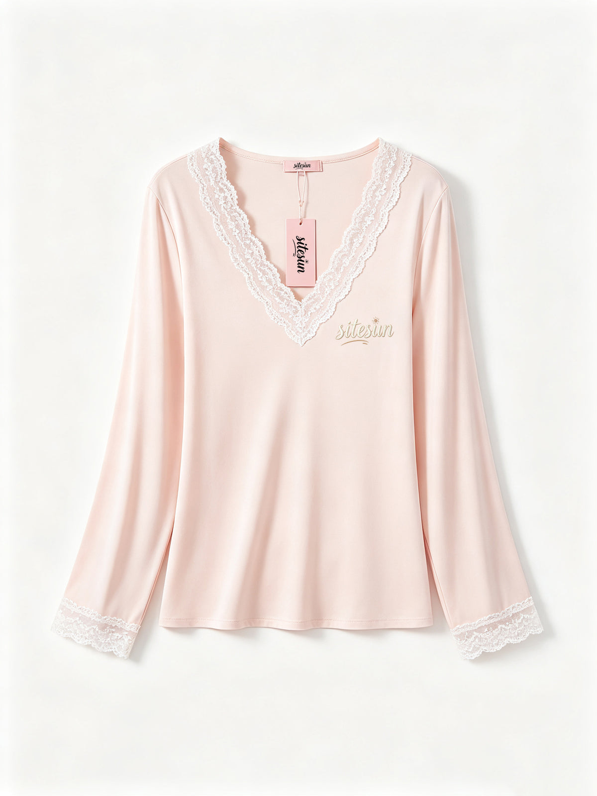 sitesun Women's Long Sleeve Sleepwear Top, Soft Lace V-Neck Nightshirt with Embroidery, Lightweight Loungewear Top for Ladies