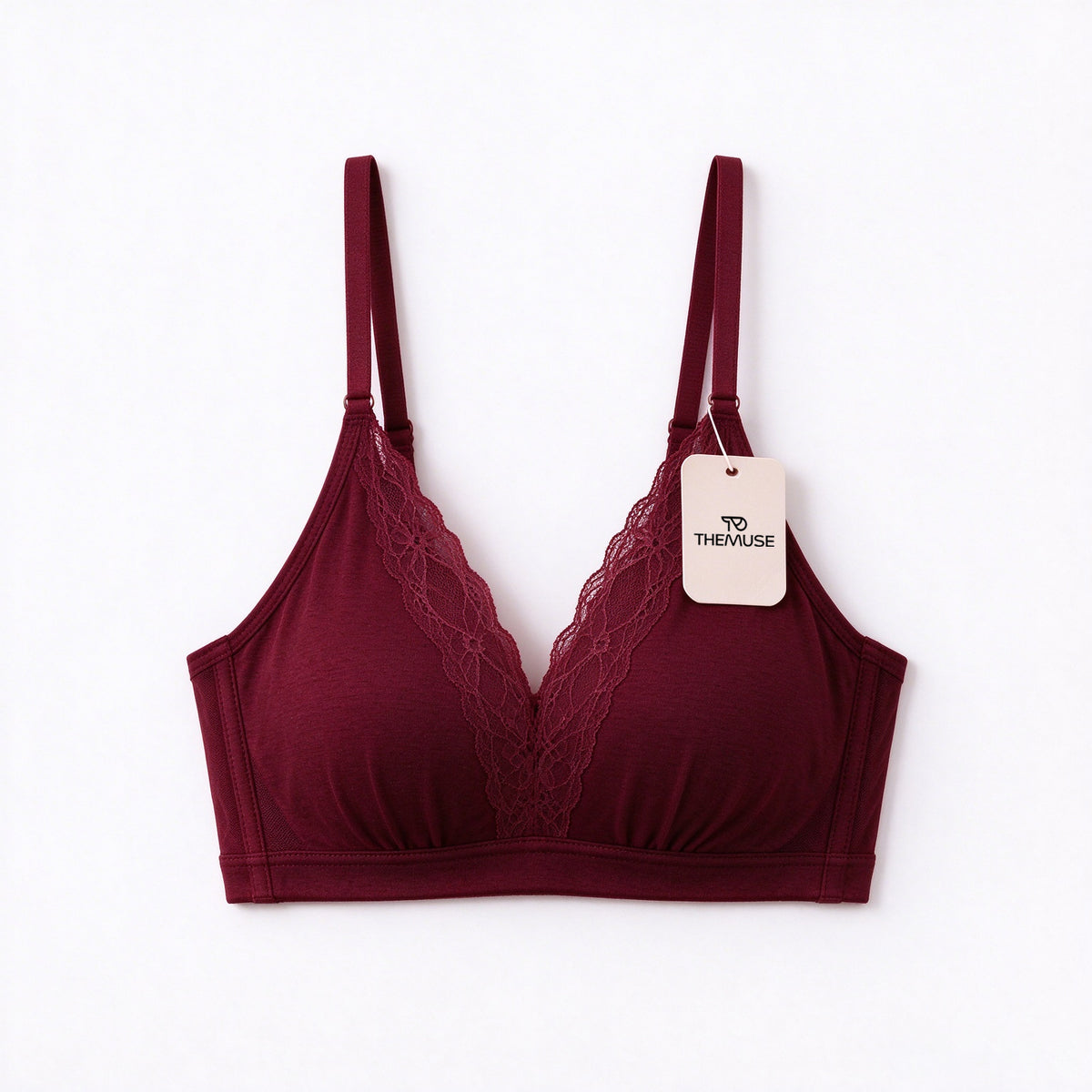 THEMUSE Underwear for Women, Wireless V-Neck Lace Bra, Soft Breathable Padded Everyday Underwear with Adjustable Straps