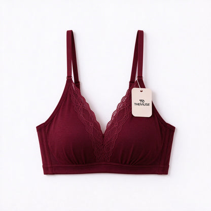THEMUSE Underwear for Women, Wireless V-Neck Lace Bra, Soft Breathable Padded Everyday Underwear with Adjustable Straps