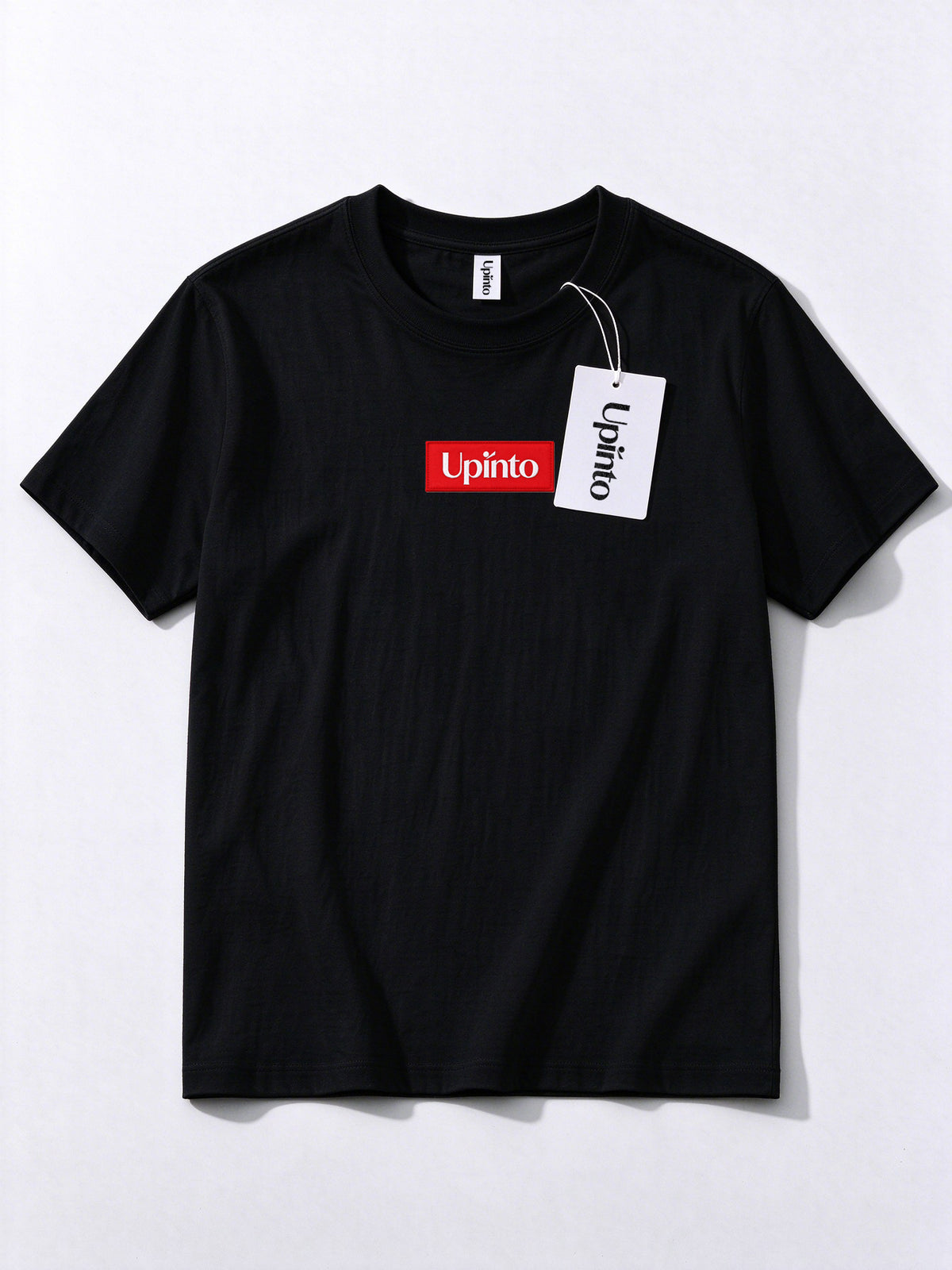 Upinto Men's Crew Neck Short Sleeve T-Shirt, Classic Black Casual Tee with Red Woven Label Patch Logo, Soft Cotton Everyday Basic T Shirts for Men