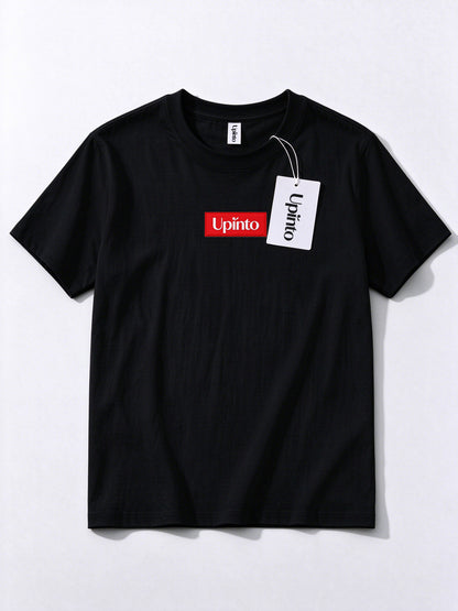 Upinto Men's Crew Neck Short Sleeve T-Shirt, Classic Black Casual Tee with Red Woven Label Patch Logo, Soft Cotton Everyday Basic T Shirts for Men