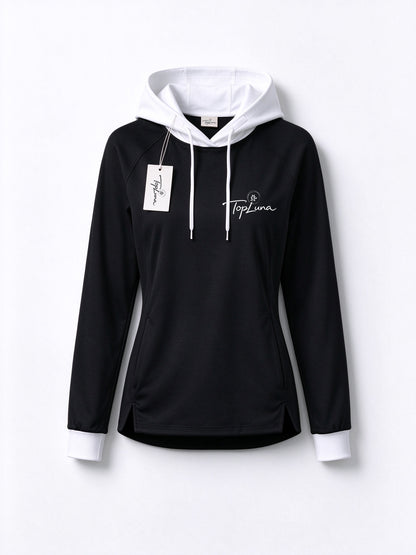 TopLuna Women Color Block Hoodie, Slim Fit Long Sleeve Pullover Hooded Sweatshirt, Black White Contrast Hoodie with Drawstring for Sports Casual Wear